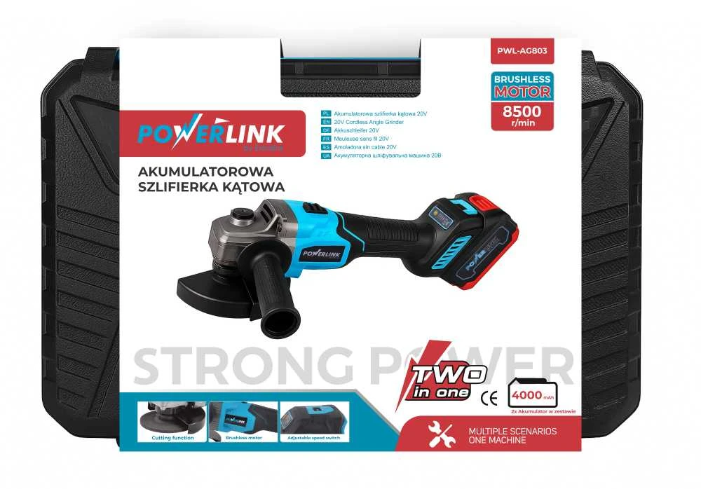 „Powerlink“ iš Extralink | Akumuliatorinis kampinis šlifuoklis | AG803 su rankena, 8500 aps./min., 2 x 4 Ah, PWL-AG803