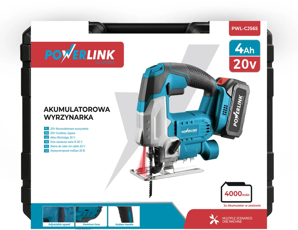 „Powerlink by Extralink“ | Akumuliatorinis siaurapjūklis | 20 V 2 x 4 Ah PWL-CJS65