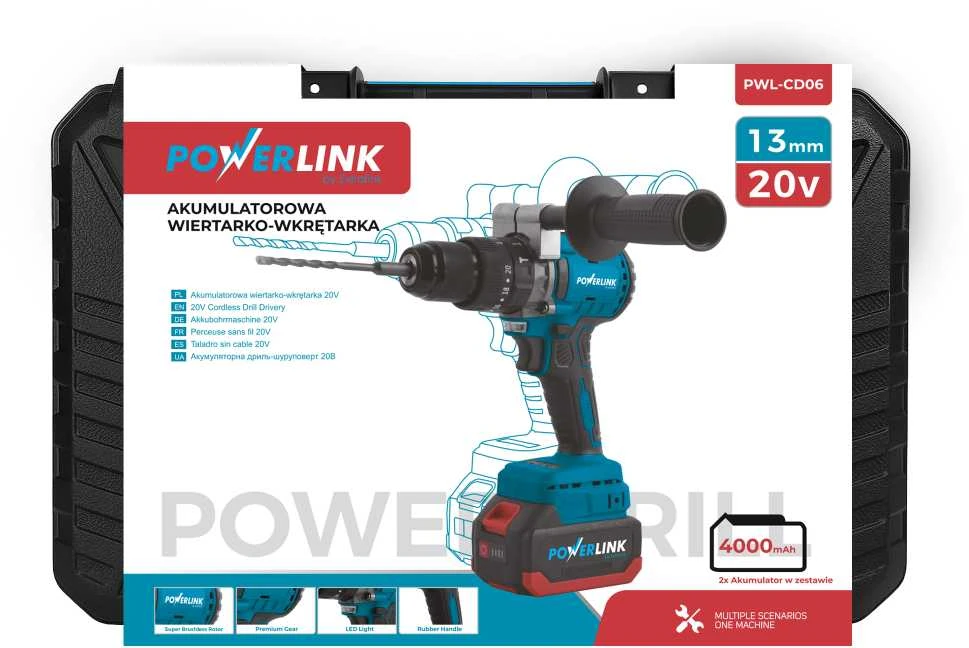 „Extralink POWERLINK“ AKUMULIATORINIS SMŪGINIS GRĘŽTUVAS SU RANKENA PWL-06 13MM 20V 2X4AH