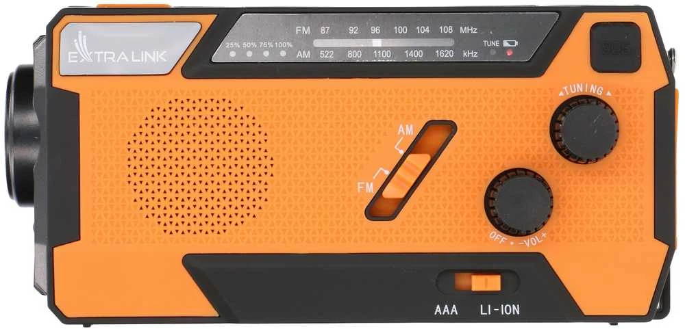 „Extralink SR-4000“ | Saulės energija varomas avarinis radijas su alkūniniu velenėliu | dinama, 4000 mAh išorine baterija ir SOS žibintuvėliu