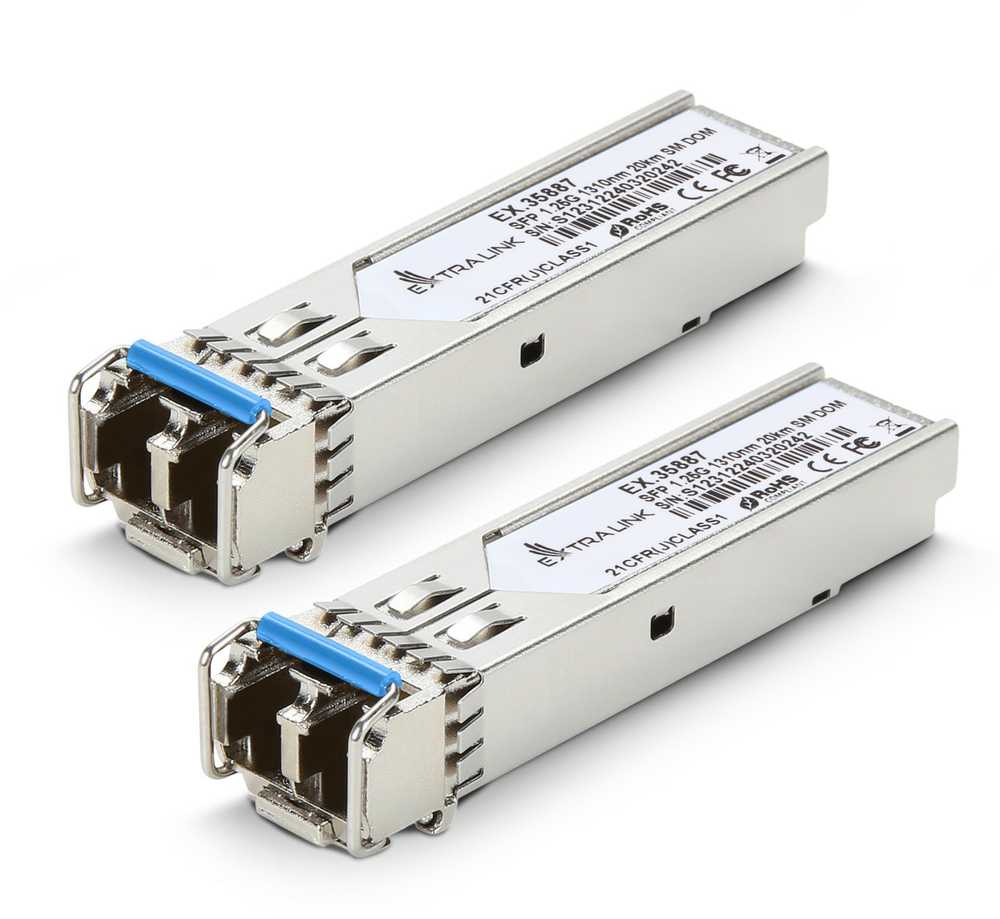 Šakotuvas „ExtraLink Extralink SFP 1.25G“ 2 vnt. pakuotė | SFP modulis | 1,25 Gbps, LC/UPC, 1310 nm, 20 km, vienmodis, DOM