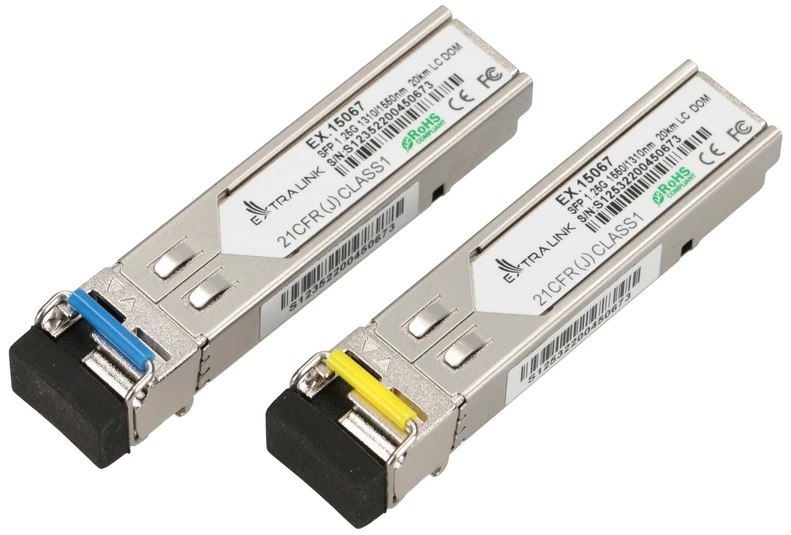 Šakotuvas EXTRALINK SFP 1.25G WDM 1310/1550nm SM 20km LC DOM pora, skirta HP/Aruba