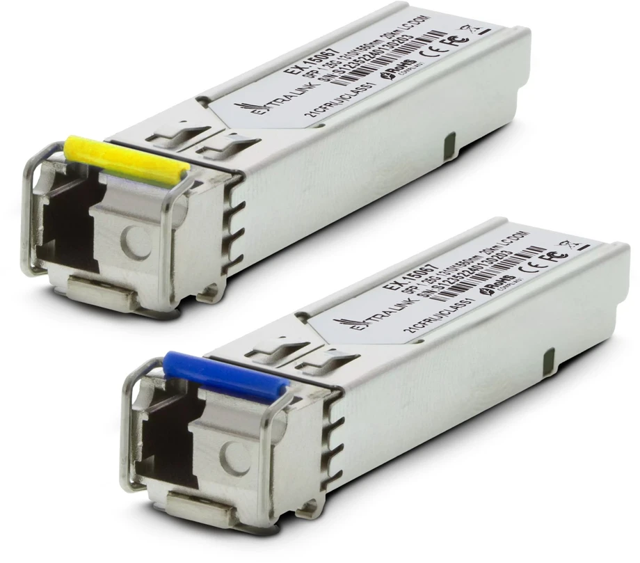 Šakotuvas EXTRALINK SFP 1.25G WDM 1310/1550nm SM 20km LC DOM pora, skirta HP/Aruba
