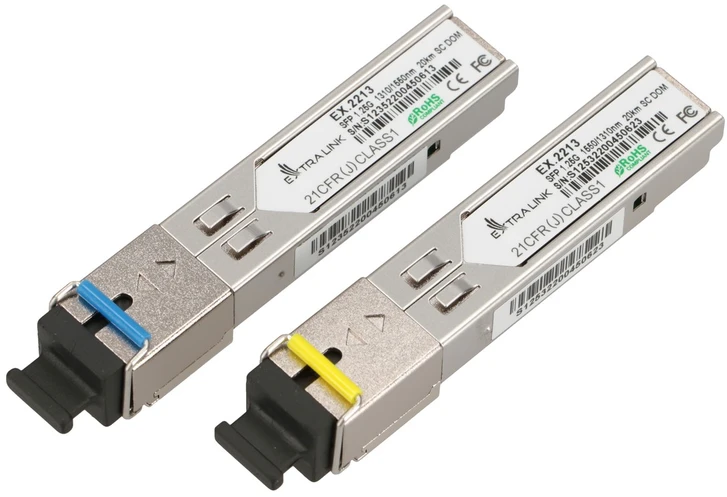 Šakotuvas „Extralink SFP 1.25G“ | Modulis SFP WDM | 1,25 Gbps, 1310/1550 nm, vienmodis, 20 km, SC, DOM, para