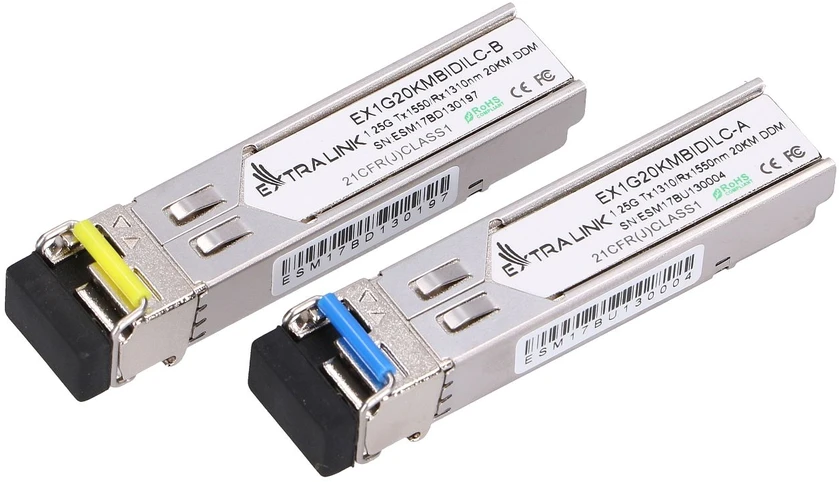 Šakotuvas Extralink SFP 1.25G | Modulis SFP WDM | 1,25Gbps, 1310/1550nm, single mode, 20km, LC, DOM, para