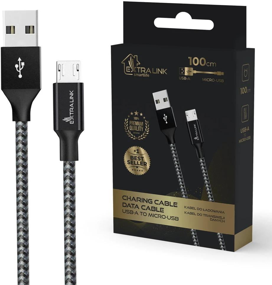 Extralink Smart Life 15W, USB-A - microUSB, 100cm, PVC, 5V 2.4A, juoda