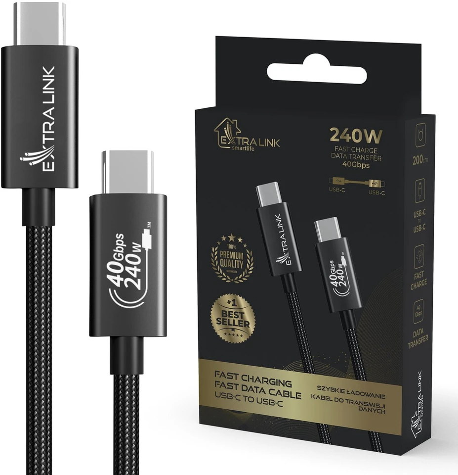 Extralink Smart Life USB-C – USB-C juoda 240W, 40Gbps, 200cm