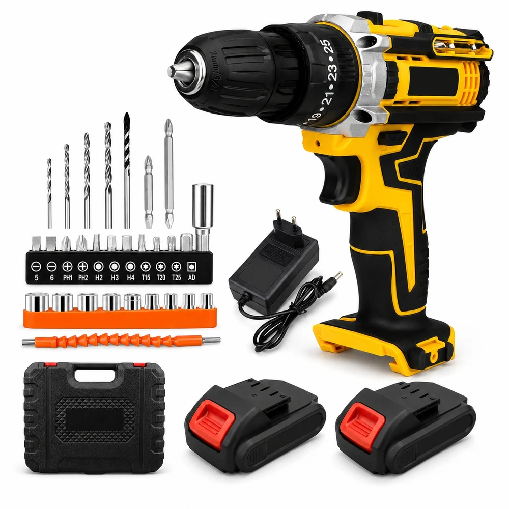 Extralink Tools | wiertarko-wkrętarka akumuliatorinė | geltona + 2 akumulatory