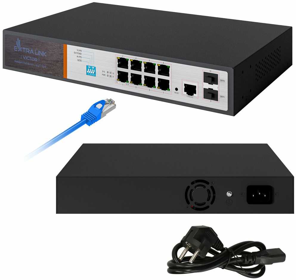 Šakotuvas Valdomas PoE jungiklis Extralink Victor, 8x Gigabit PoE/PoE+, 2x SFP, 150W