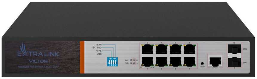 Šakotuvas Valdomas PoE jungiklis Extralink Victor, 8x Gigabit PoE/PoE+, 2x SFP, 150W
