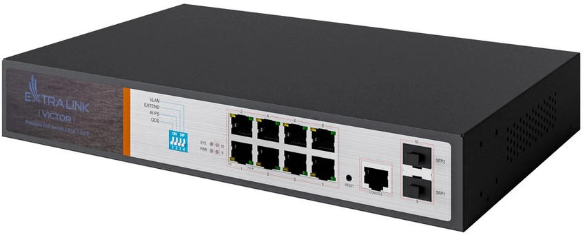 Šakotuvas Valdomas PoE jungiklis Extralink Victor, 8x Gigabit PoE/PoE+, 2x SFP, 150W