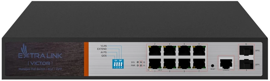 Šakotuvas Valdomas PoE jungiklis Extralink Victor, 8x Gigabit PoE/PoE+, 2x SFP, 150W