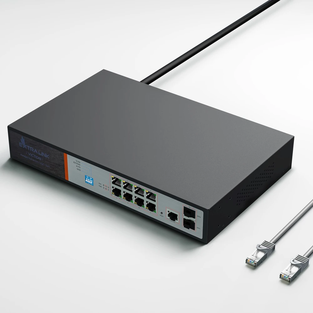 Šakotuvas Valdomas PoE jungiklis Extralink Victor, 8x Gigabit PoE/PoE+, 2x SFP, 150W