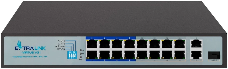 Šakotuvas EXTRALINK EX.16101 VIRTUS V3 Switch PoE 16x 100Mb/s PoE/PoE+ 2x Gigabit RJ45 + 1x SFP PoE Budget 150W