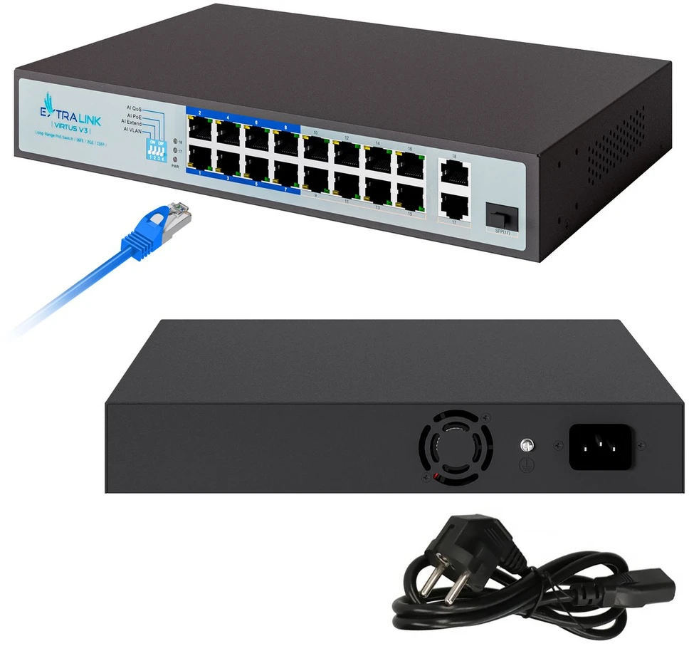 Šakotuvas EXTRALINK EX.16101 VIRTUS V3 Switch PoE 16x 100Mb/s PoE/PoE+ 2x Gigabit RJ45 + 1x SFP PoE Budget 150W