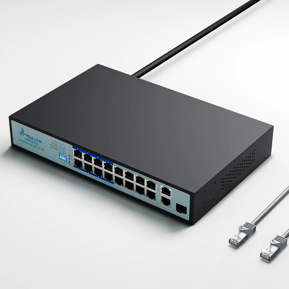 Šakotuvas EXTRALINK EX.16101 VIRTUS V3 Switch PoE 16x 100Mb/s PoE/PoE+ 2x Gigabit RJ45 + 1x SFP PoE Budget 150W