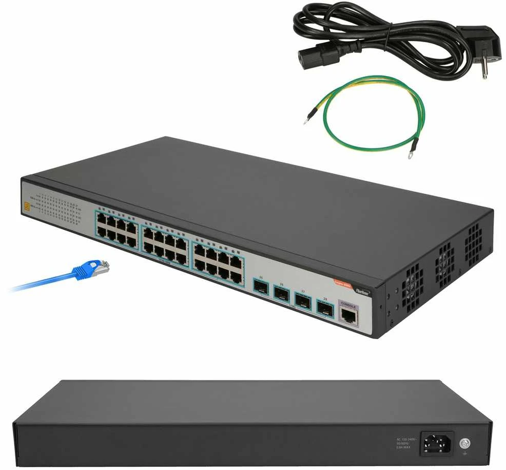Šakotuvas FBH FiberHome S4820-28T-X-AC tinklo komutatorius Valdomas L2/L3 Gigabit Ethernet (10/100/1000) 1U Juoda, Pilka