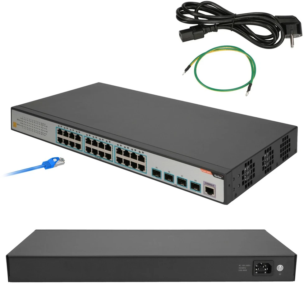 Šakotuvas FBH FiberHome S4820-28T-X-AC tinklo komutatorius Valdomas L2/L3 Gigabit Ethernet (10/100/1000) 1U Juoda, Pilka