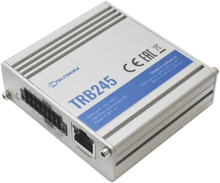 Šakotuvas Teltonika TRB245 LTE Gateway: Be WiFi, 4G, Dual SIM, Enthernet prievadas, RS232+RS485 jungtys, GPS Teltonika