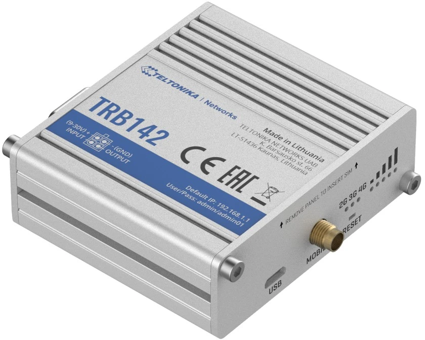 Šakotuvas Teltonika TRB142003000 Šliuzas, 2G/3G/4G LTE (1 kategorija), aprūpintas RS232 nuosekliajam ryšiui | Teltonika | LTE šliuzas | TRB142 | Nėra „Wi-Fi“ | Ethernet LAN (RJ-45) jungtys 0 | Tinklo ryšio palaikymas: ne | MU-MiMO: ne | 2G/3G/4G | Antenos tipas: 1 x SMA, skirtas LTE | 1 x virtuali tinklo sąsaja per mikro USB