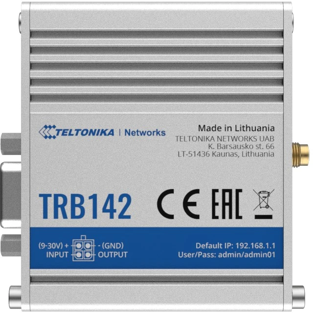 Šakotuvas Teltonika TRB142003000 Šliuzas, 2G/3G/4G LTE (1 kategorija), aprūpintas RS232 nuosekliajam ryšiui | Teltonika | LTE šliuzas | TRB142 | Nėra „Wi-Fi“ | Ethernet LAN (RJ-45) jungtys 0 | Tinklo ryšio palaikymas: ne | MU-MiMO: ne | 2G/3G/4G | Antenos tipas: 1 x SMA, skirtas LTE | 1 x virtuali tinklo sąsaja per mikro USB