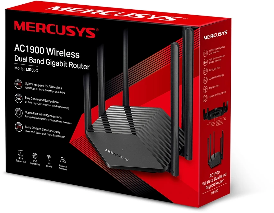 TP-Link Mercusys | AC1900 Wireless Dual Band Gigabit Maršrutizatorius | MR50G | 802.11ac | 600+1300 Mbit/s | 10/100/1000 Mbit/s | Mesh Support No | MU-MiMO Yes | No mobile broadband | Antenna type 6xFixed | No