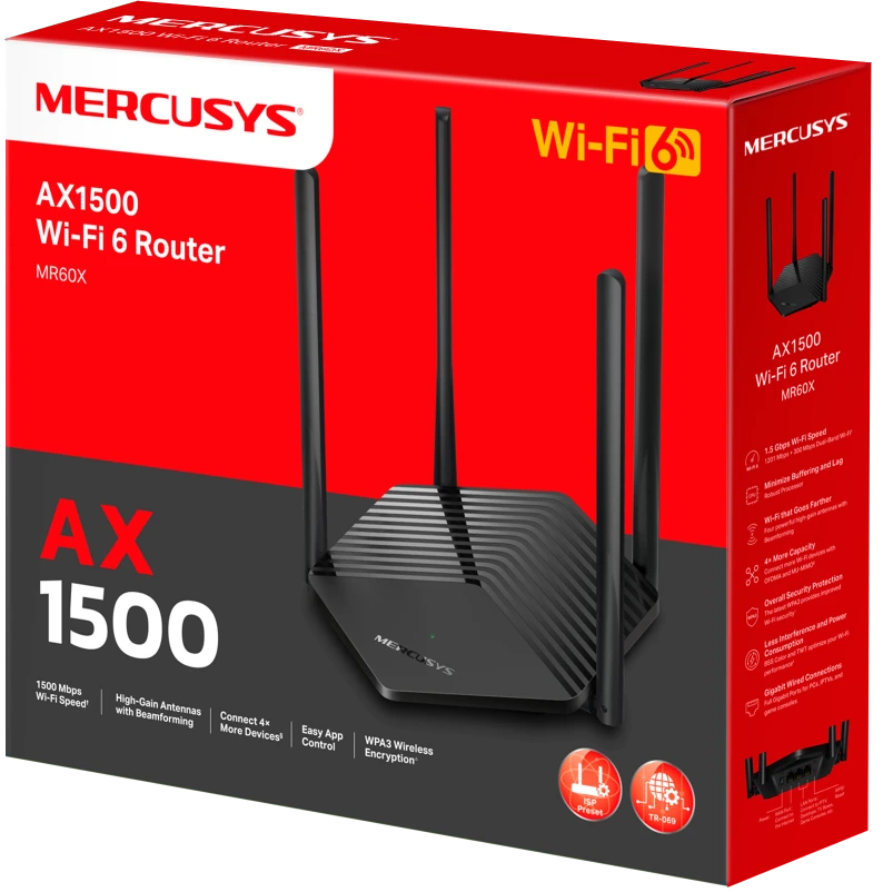 Mercusys | AX1500 WiFi 6 Maršrutizatorius | MR60X | 802.11ax | 1201+300 Mbit/s | 10/100/1000 Mbit/s | Ethernet LAN (RJ-45) jungtys 2 | Tinklelio atramos Nr. | MU-MiMO Taip | Nėra mobiliojo plačiajuosčio ryšio | Antenos tipas Išorinė