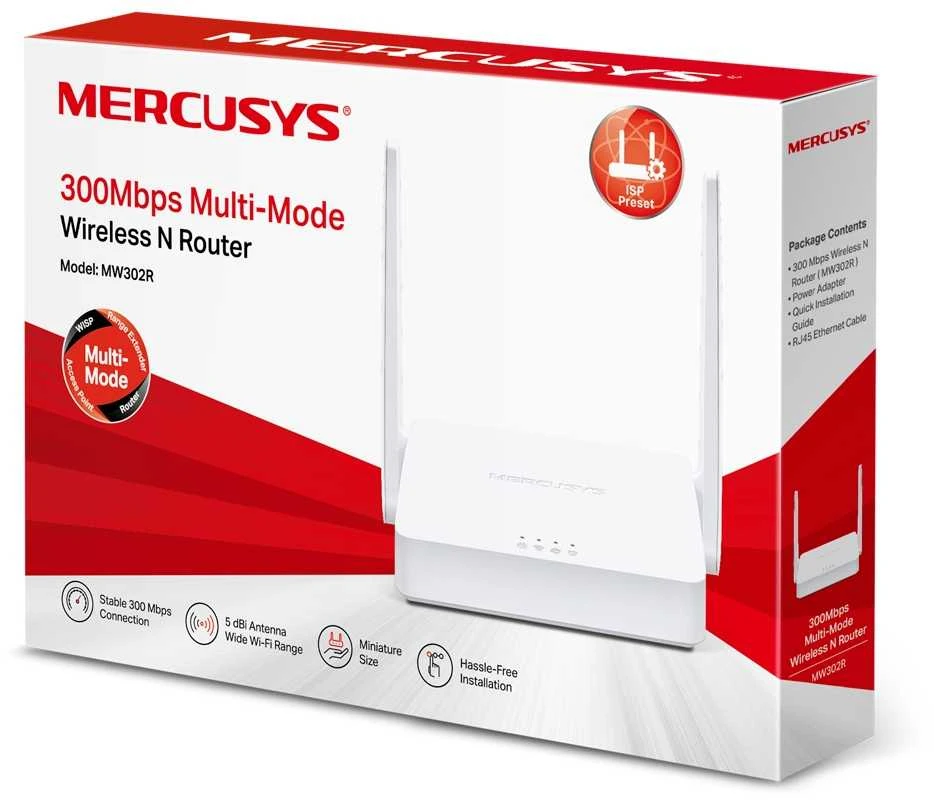 TP-Link Mercusys | Multi-Mode Wireless N Maršrutizatorius | MW302R | 802.11n | 300 Mbit/s | 10/100 Mbit/s | Ethernet LAN (RJ-45) jungtys 2 | Mesh Support No | MU-MiMO No | No mobile broadband | Antenna type 2xFixed | No