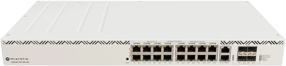 Maršrutizatorius „MikroTik“ | Debesų maršrutizatorių komutatorius | CRS320-8P-8B-4S+RM su „RouterOS v7“, 2U stovo montuojamas korpusas | Tinklo palaikymas: ne | MU-MiMO: ne | be mobiliojo plačiajuosčio ryšio