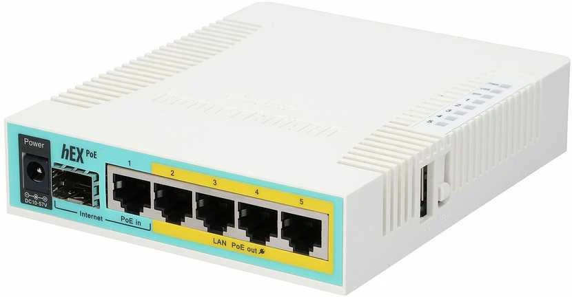 Mikrotik Laidinis Ethernet maršrutizatorius RB960PGS, hEX PoE, CPU 800MHz, 128MB RAM, 16MB, 1xSFP, 5xGigabit LAN, 1xUSB, Maitinimo išvestis 2-5 jungtyse, Srovė: 1A maks. vienam prievadui; 2A maks. bendra, RouterOS L4 | MikroTik | hEX PoE maršrutizatorius | RB960PGS | Nėra „Wi-Fi“ | 10/100/1000 Mbit/s | Ethernet LAN (RJ-45) jungtys 5 | Tinklo palaikymas: Ne | MU-MiMO: Ne | Nėra mobiliojo plačiajuosčio ryšio | 1xUSB | 12 mėn.