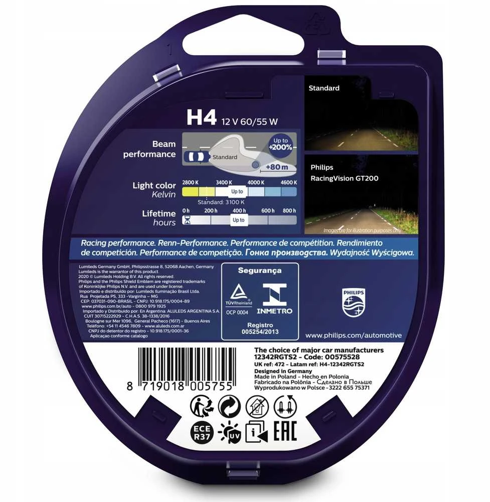 Philips Lempučių komplektas 2vnt. 60/55W 12V P43t H4 RACING VISION GT200+200%