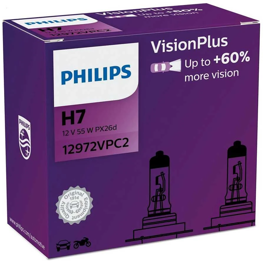 Philips Lempučių komplektas 2vnt. 55W 12V PX26d H7 VISION PLUS+60%