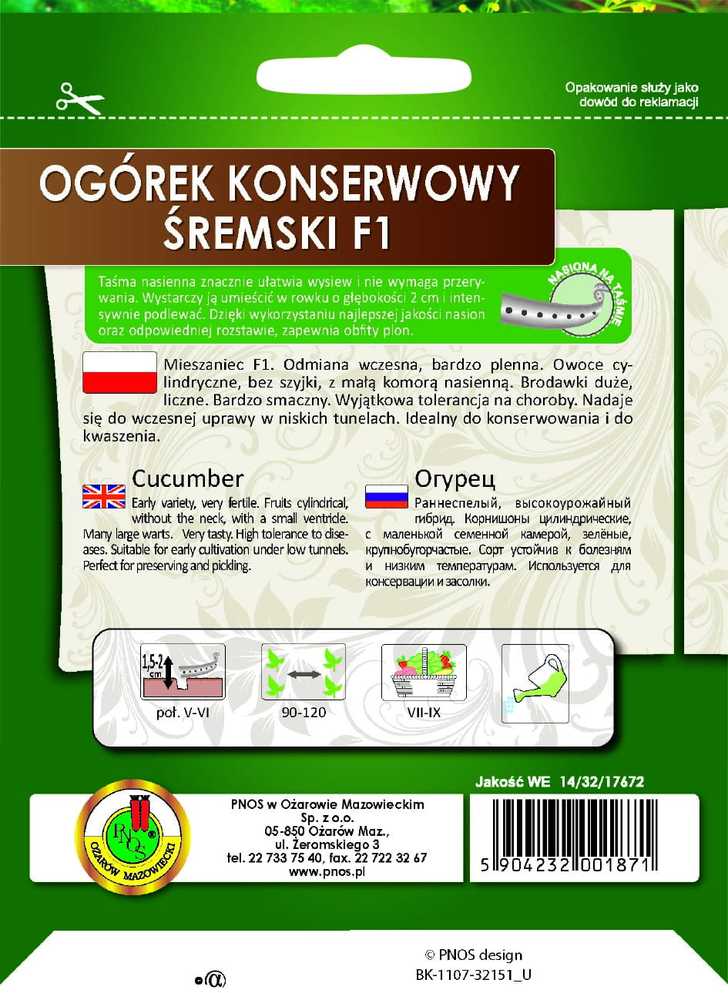 Pnos Sremski F1 Agurkų sėklos ant juostos, 6 m rulonas