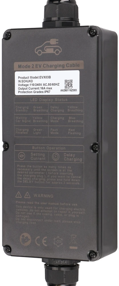 Nešiojamas elektromobilių įkroviklis Extralink BS-PCD030, 16A, 3.6kW, Schuko, 1 fazė, 5.5m, LCD ekranas, IP67