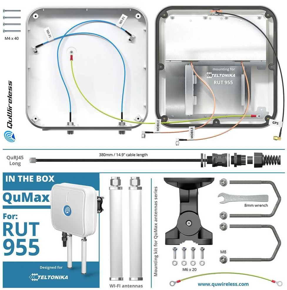 QuWireless QuMax A955M | Antena LTE + Wi-Fi + GPS | dla Teltonika RUT956/RUT955
