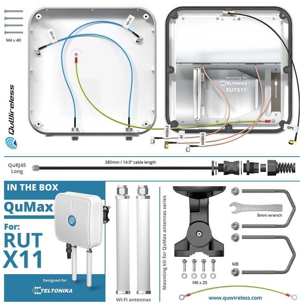„Wi-Fi“ + LTE + GPS + „Bluetooth“ antena „QuWireless QuMax AX11M“, skirta „Teltonika RUTX11“