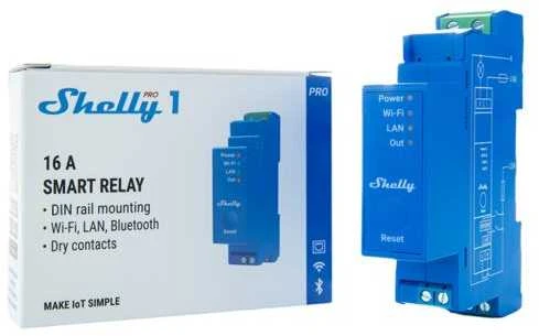 Shelly PRO 1 išmanioji 1 kanalo relė valdoma Wifi LAN ar Bluetooth montuojama ant DIN bėgelio