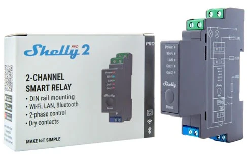 Shelly PRO 2 išmanioji 2 kanalų relė valdoma Wifi LAN ar Bluetooth montuojama ant DIN bėgelio