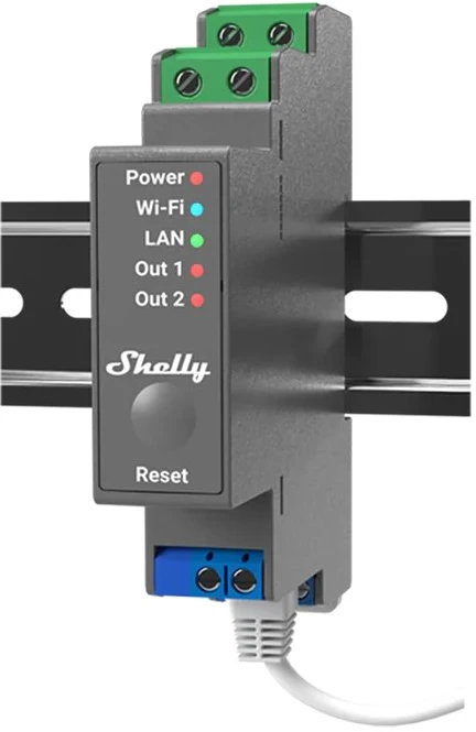 Shelly PRO 2 išmanioji 2 kanalų relė valdoma Wifi LAN ar Bluetooth montuojama ant DIN bėgelio