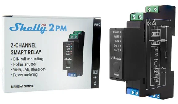 Shelly PRO 2PM išmanioji 2 kanalų relė su elektros sąnaudų matavimu valdoma Wifi LAN Bluetooth montuojama ant DIN bėgelio