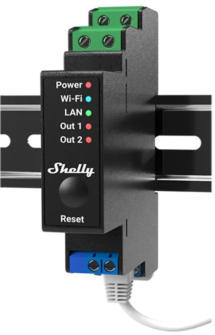Shelly PRO 2PM išmanioji 2 kanalų relė su elektros sąnaudų matavimu valdoma Wifi LAN Bluetooth montuojama ant DIN bėgelio