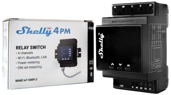 Shelly Pro 4PM 4 kanalų DIN bėgio relė jungiklis su Wi-Fi, LAN ir Bluetooth ryšiu
