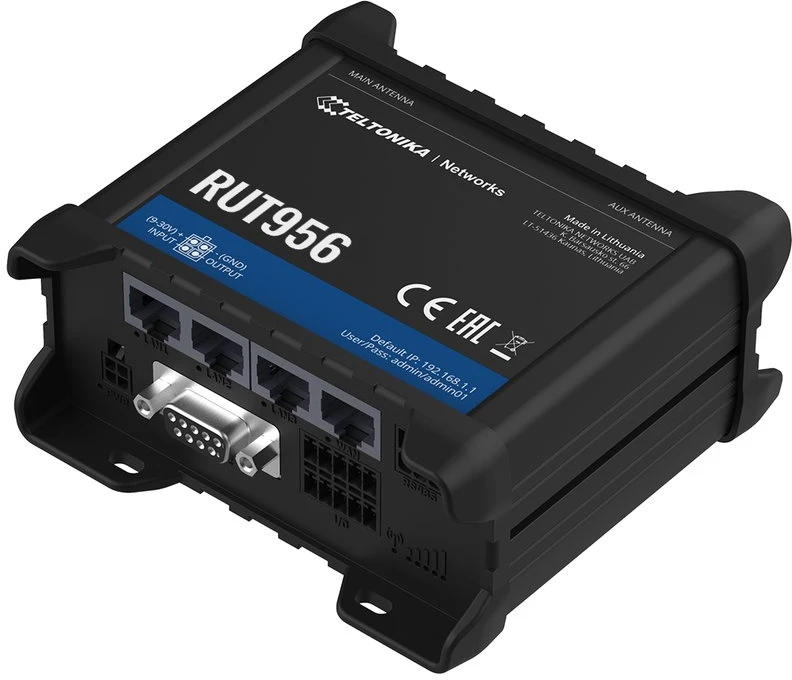 Šakotuvas Teltonika | Pramoninis maršrutizatorius | RUT956 | 802.11n | 10/100 Mbit/s | Ethernet LAN (RJ-45) jungtys 4 | Palaikomas tinklelis: ne | MU-MiMO: ne | 2G/3G/4G | Antenos tipas: 2 x SMA, skirtas LTE, 2 x RP-SMA, skirtas WiFi, 1 x SMA, skirtas GNSS | 1 x USB 2.0