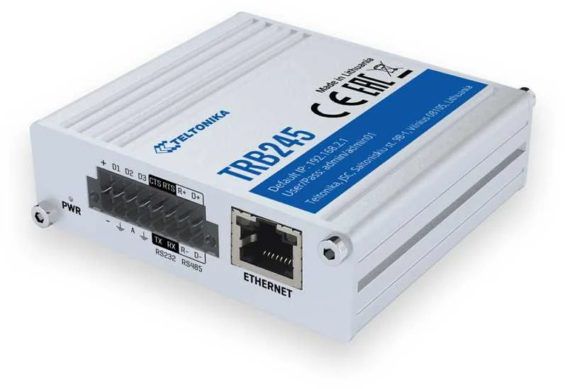 Šakotuvas Teltonika TRB245 LTE Gateway: Be WiFi, 4G, Dual SIM, Enthernet prievadas, RS232+RS485 jungtys, GPS Teltonika