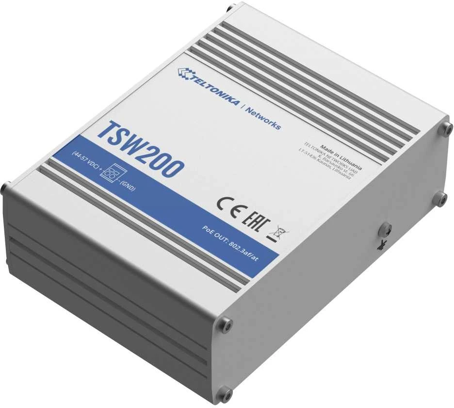 Teltonika | Ethernet komutatorius | TSW200 | Nevaldomas | Stalinis | Gigabito Ethernet (varinis) jungčių kiekis: 8 | 10 Gbps (RJ-45) jungčių kiekis: 0 | SFP jungčių kiekis: 2 | SFP+ jungčių kiekis: 0 | Combo jungčių kiekis: 0 | Maitinimo per Ethernet (PoE) jungčių kiekis: 8 | Maitinimo šaltinio tipas: Apsaugos klasė: IP30 | 24 mėn.