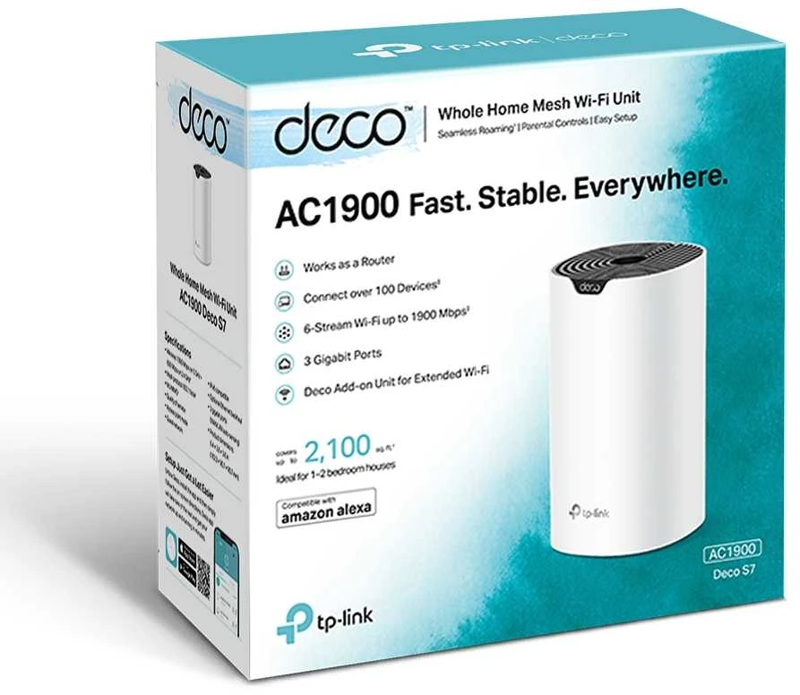 Maršrutizatorius TP-LINK | AC1900 viso namo tinklinio „Wi-Fi“ sistema | „Deco S7“ (1 vnt.) | 802.11ac | 10/100/1000 Mbit/s | Ethernet LAN (RJ-45) jungtys: 1 | Tinklo palaikymas: Taip | MU-MiMO: Taip | Ne, mobilusis plačiajuostis ryšys: