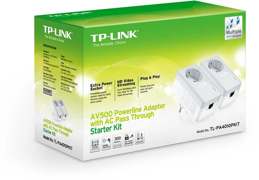 TP-LINK AV500+ maitinimo tinklo rinkinys su kintamosios srovės pralaidumu, 500 Mbps maitinimo tinklo greitis, 1 prievado greitasis Ethernet, „Homeplug AV“, „Žalias Powerline“, kištukas