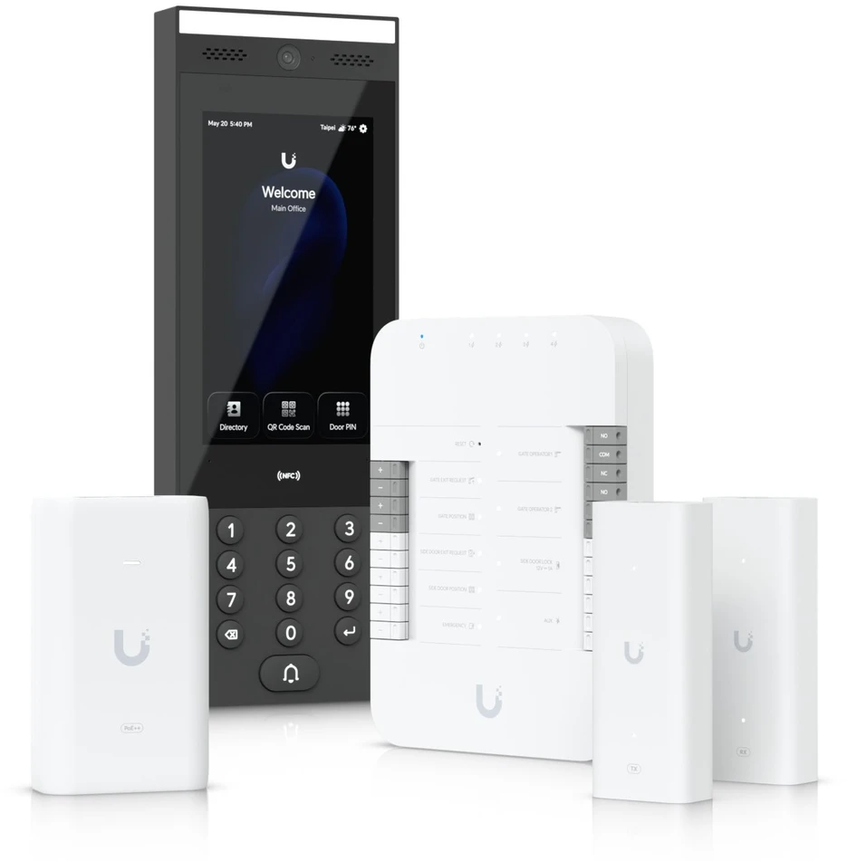 Ausinės „UBIQUITI“ VARTŲ PRADŽIOS RINKINYS. PRADŽIOS RINKINYS SU VARTŲ ŠAKOTUVU, G3 DOMOSO SISTEMU, POE++ ADAPTERIU IR POE++ PER SUKTOSIOS POROS ILGINTUVU, SKIRTAS PRIEIGOS VALDYMUI PRIE VIENŲ VARTŲ SU JUTIKLINIO PRAĖJIMO PALAIKYMU.