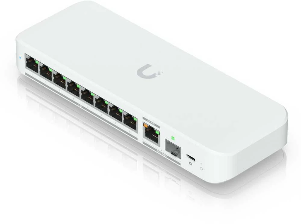 Šakotuvas UBIQUITI FLEX 2.5G LANKSTUSIS, 8 PRIESTŲ 2.5 GBE JUNGIKLIS SU 10 GBE RJ45/SFP+ KOMBINUOTU UPLINK PRIEDAS, GALIMA MAITINTI SU USB-C ARBA POE+ ADAPTERIU
