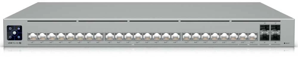 Šakotuvas „UBIQUITI PRO HD 24 POE“ PROFESIONALIOS LYGIO, 3 SLUOKSNIO „ETHERLIGHTING®“ KOMUTATORIUS SU (2) 10 GBE POE++, (22) 2,5 GBE POE++ IR (4) 10G SFP+ PRIEVADAIS. BENDRA POE GALIOS GALIMA 600 W.